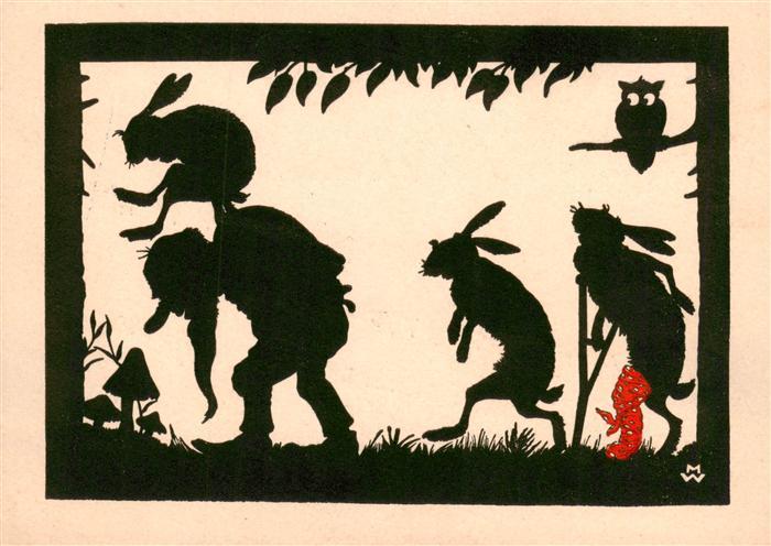 Scherenschnitt-AK Schattenbildkarte Shadowbolt Hasen Eule Zwerg