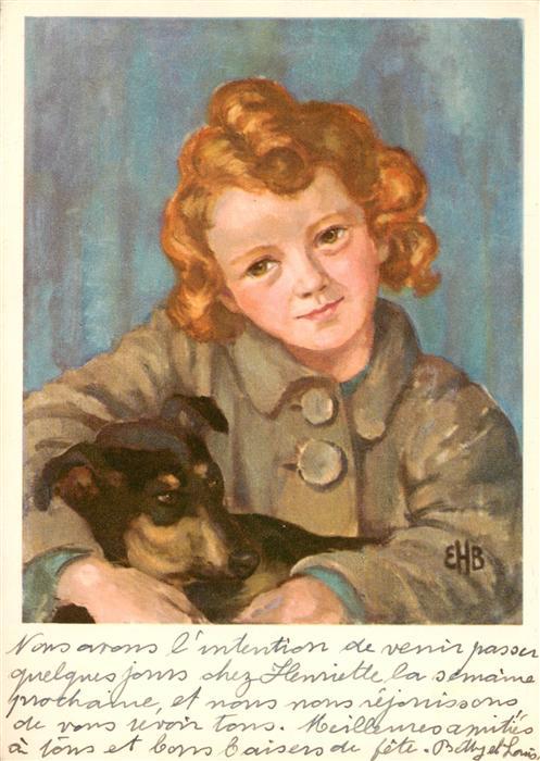 Hoppeler-Bonzanigo E. Kuenstlerkarte Zwei Gespielen Kind Hund