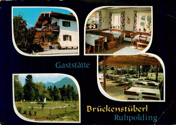Ruhpolding Bayern Gaststaette Brueckenstueberl Gaststube Freiterrasse Minigolfan