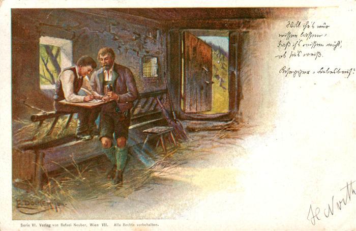 Doecker E Kuenstlerlitho Mann Kind Schreiben