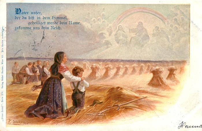 Doecker E Kuenstlerlitho Frau Kind Beten Feld Jesus