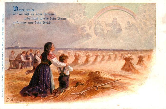 Doecker E Kuenstlerlitho Frau Kind Beten Feld Jesus