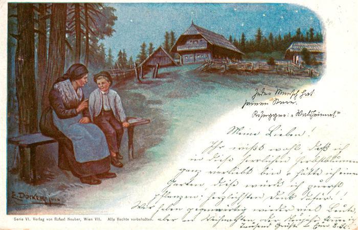 Doecker E Kuenstlerlitho Frau Kind am Wald rande