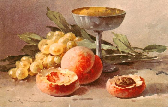 Klein Catharina Kuenstlerlitho Nt. 1294 Pfirsich Weittrauben Vase