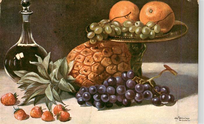 Stillleben Stilleben Kuenstlerkarte Ananas Weintrauben Erdbeeren Obst