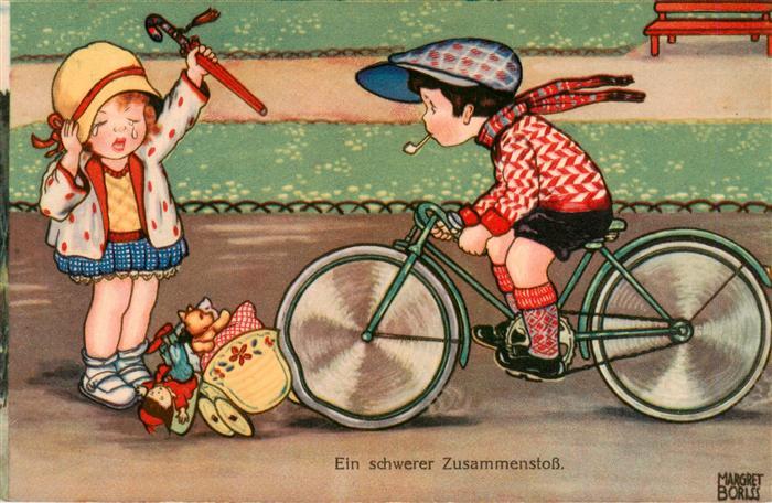 Boriss Margret Kuenstlerkarte Zusammenstoss Kinder Fahrrad