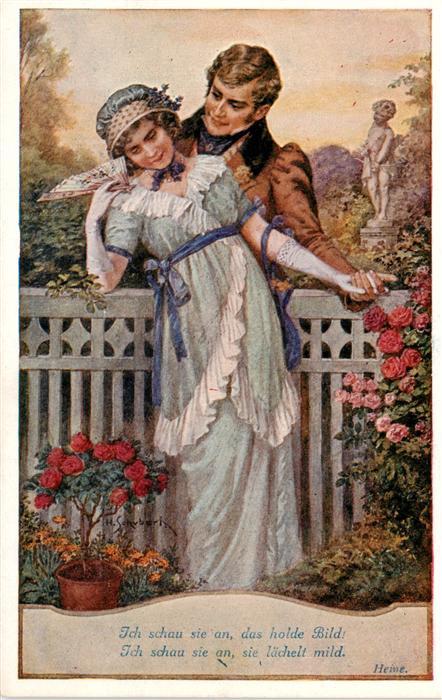 Schubert H. Kuenstlerkarte Rosen Faecher Liebespaar