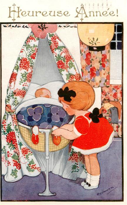 Cownam H. Kuenstlerkarte Nr. 4027 Heureuse Annee Kind Baby Bett