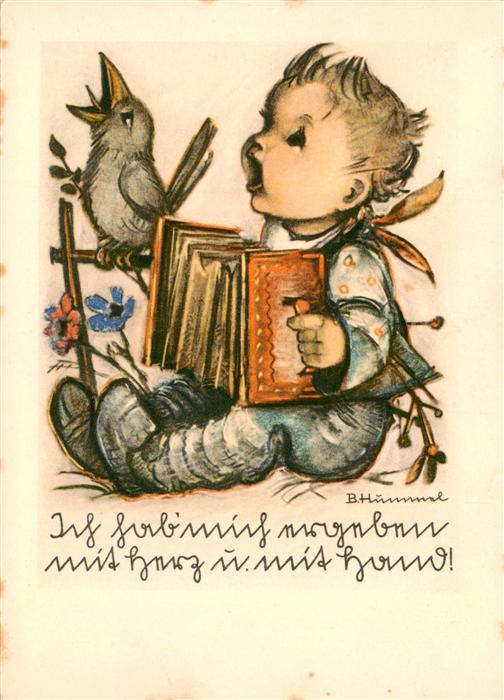 Hummel Kuenstler-AK-Nr. 4522 Josef Mueller Kind Vogel Bayan