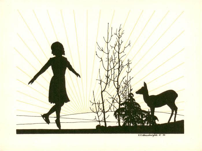 Schattenbildkarte Shadowbolt Scherenschnitt-AK Reh Kind