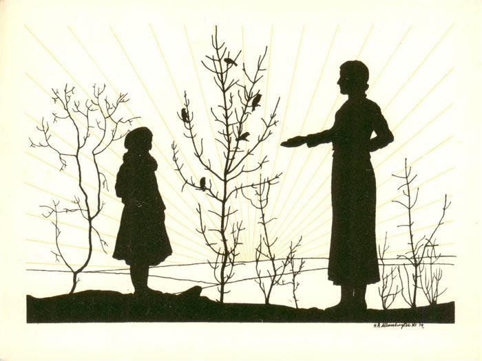 Schattenbildkarte Shadowbolt Scherenschnitt-AK Frau Kind