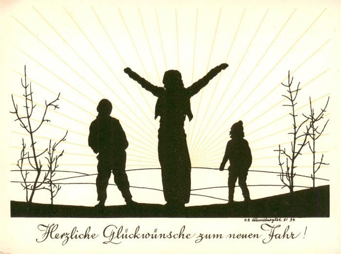 Schattenbildkarte Shadowbolt Scherenschn Neujahr Kinder Frau