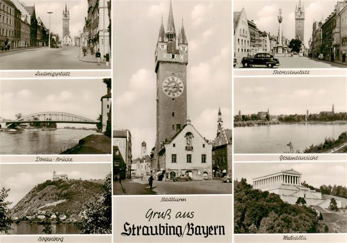 Straubing Ludwigsplatz Donau Bruecke Bogenberg Stadtturm Theresienplatz Panorama
