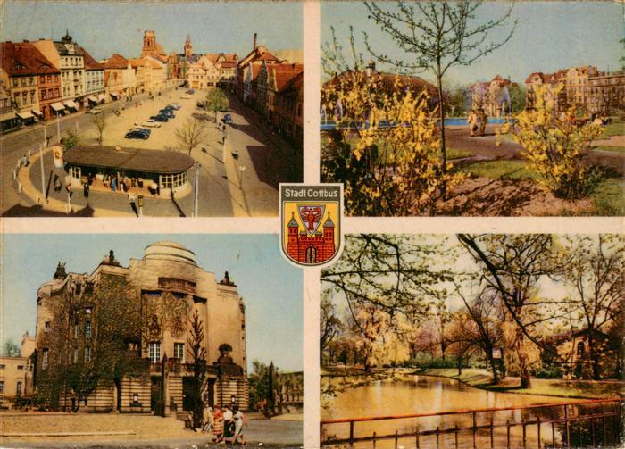 COTTBUS Brandenburg Marktplatz Theater Park Teich Wappen Strassenszene PKW Passa