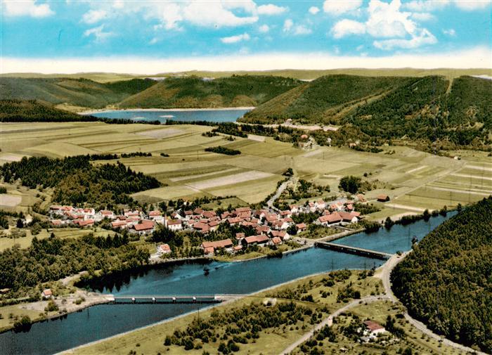 Hemfurth-Edersee Edertal Hessen Edersee Fluss Luftbild Dorf Bruecke Felder Huege