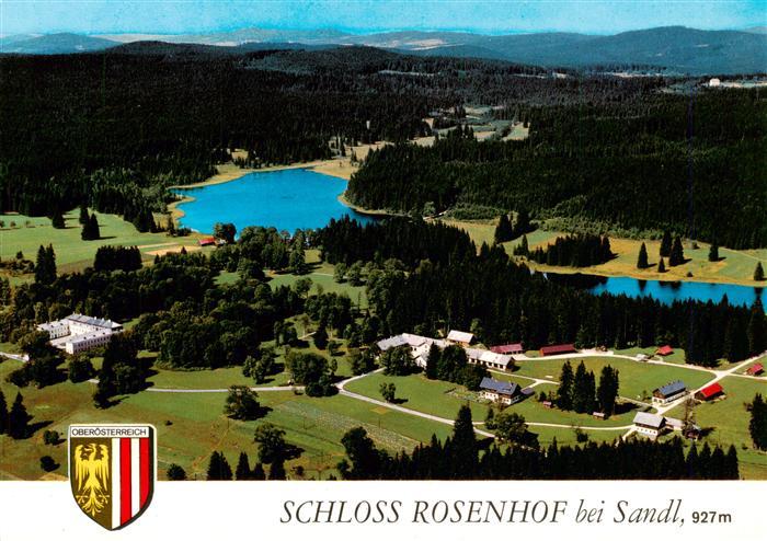 Sandl Oberoesterreich AT Schloss-Rosenhof Teich Fliegeraufnahme Wald Wiesen Hint