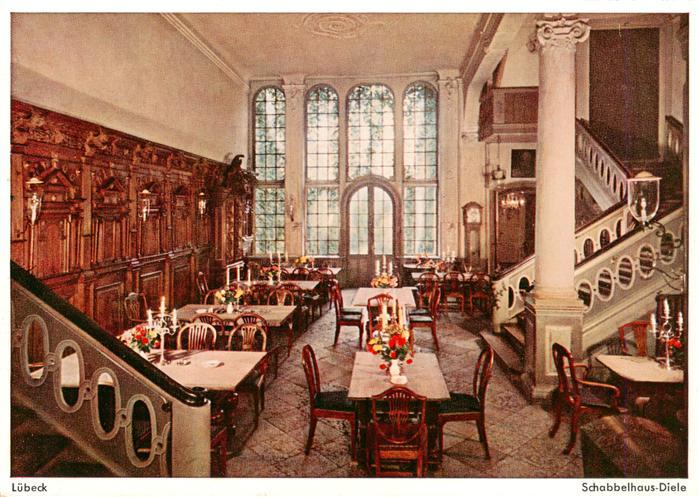 LueBECK CITY Schabbelhaus-Diele Restaurant Speisesaal Holzvertaefelung Buntglas