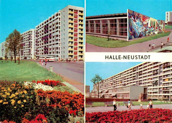 Halle-Neustadt Plattenbau Wohnviertel Kulturzentrum Wandgemaelde Blumenbeete Bus