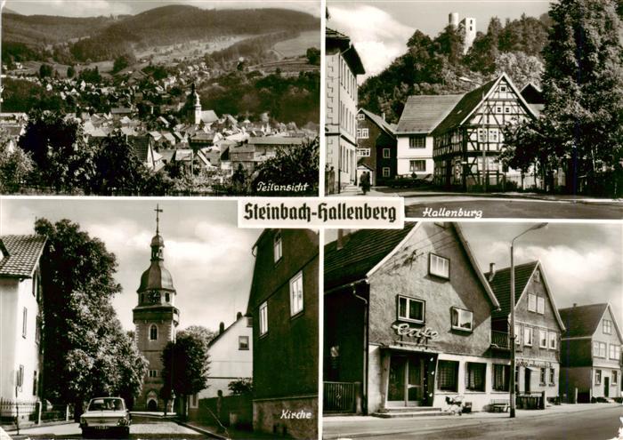 Steinbach-Hallenberg Teilansicht Hallenburg Kirche Café Fachwerk Burg Huegel