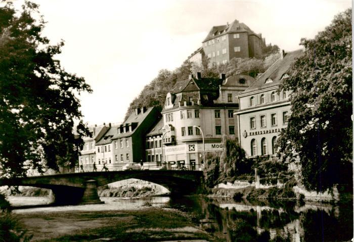 Greiz Thueringen Schloss Bruecke Weisse-Elster Kreisparkasse Haeuser Baeume