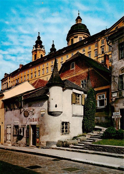Melk Donau Niederoesterreich AT Stift-Melk Tabak-Trafik Altstadt Gasse Turm Baro
