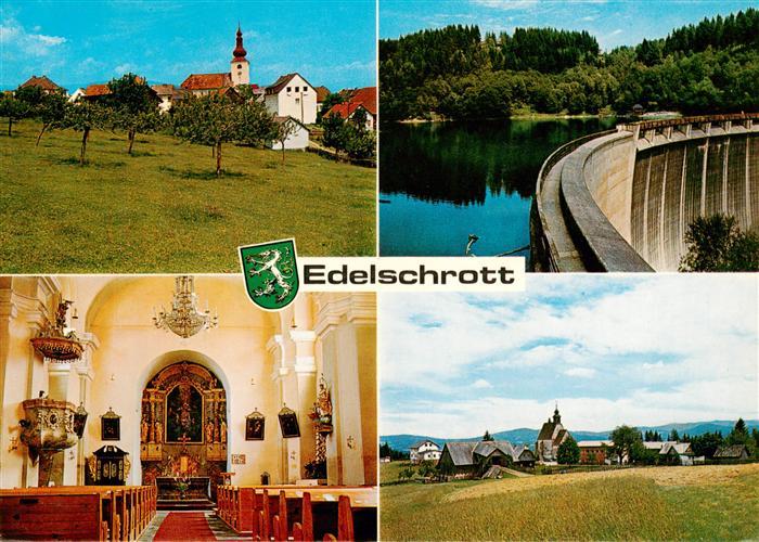 Edelschrott Steiermark AT Dorfansicht Kirchturm Stausee Staudamm Kircheninnenrau
