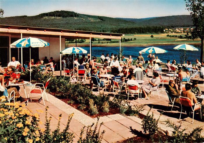 Waldmuenchen Cham Bayern Perlsee Strandbad Seecafé Terrasse Sonnenschirme Badega