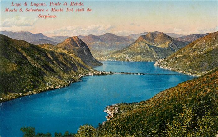 Lago di Lugano TI Ponte di Melide Monte San Salvatore e Monte Bré visti da Serpi