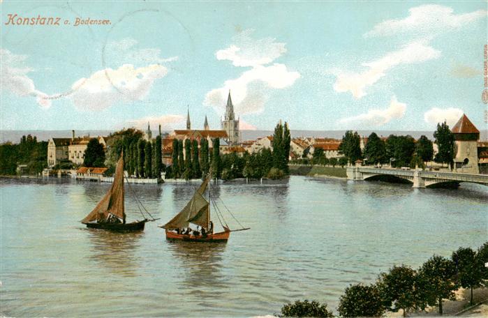 KONSTANZ Bodensee BW Blick zur Stadtmitte mit Kirche Rheinbruecke