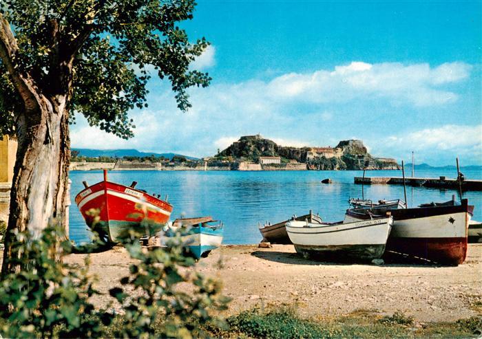Corfu Korfu Greece Strand Fischerboote Blick zur alten Burg