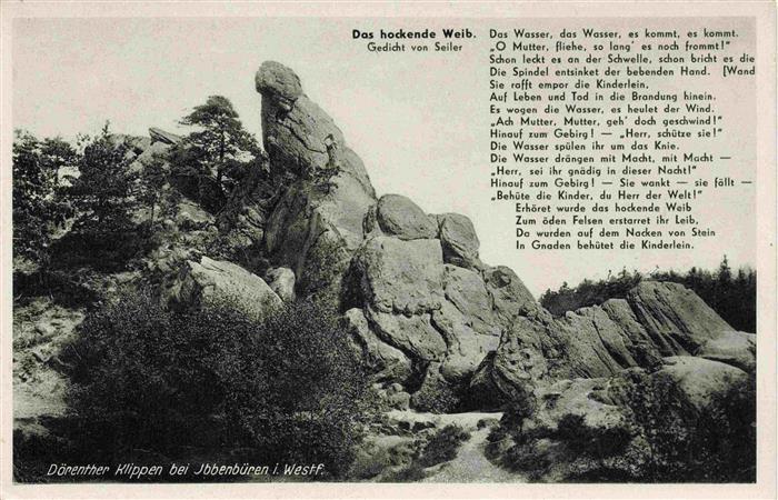 Ibbenbueren NRW Doerenther-Klippen Das-hockende-Weib Felsen Kiefernwald Gedicht-