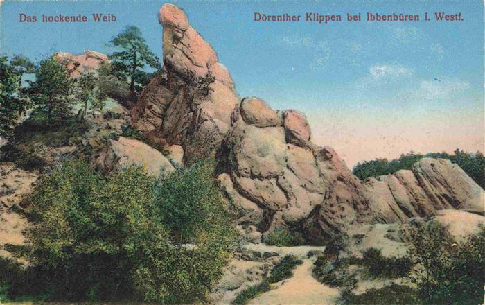 Ibbenbueren NRW Doerenther-Klippen Das-hockende-Weib Sandsteinfelsen Weg Buesche