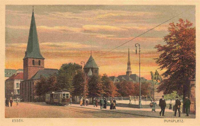 EssEN  Ruhr Burgplatz Kirche Strassenszene Strassenbahn Reiterstandbild Passante