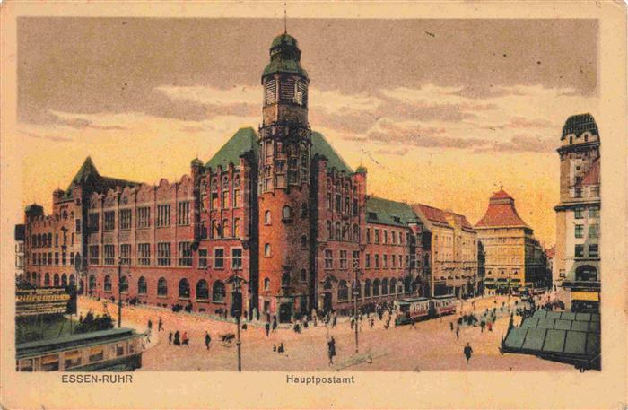 EssEN  Ruhr Hauptpostamt Strassenbahn Platz Passanten Historismus Turm Gruenderz