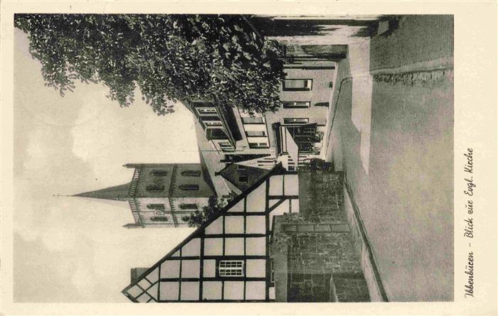 Ibbenbueren NRW Evangelische-Kirche Fachwerkhaus Strasse Kirchturm Geschaeft S/W