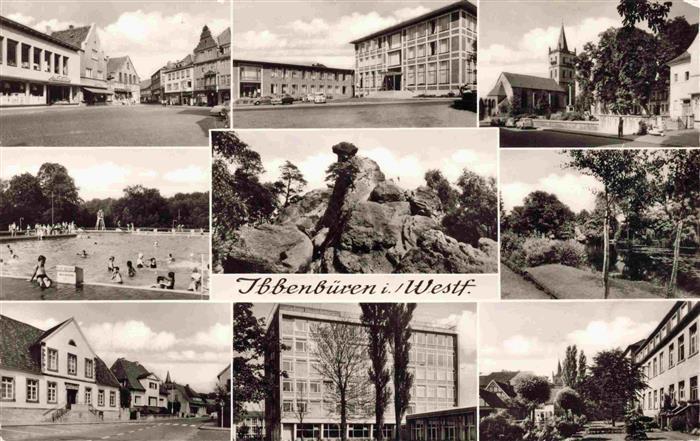 Ibbenbueren NRW Marktplatz Rathaus Kirche Freibad Felsen Park Schule Mehrbildkar