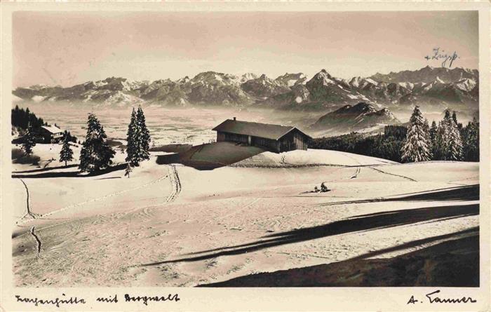 Nesselwang Allgaeu Bayern Zangerhuette Schnee Winter Alpenpanorama Tannen Berghu