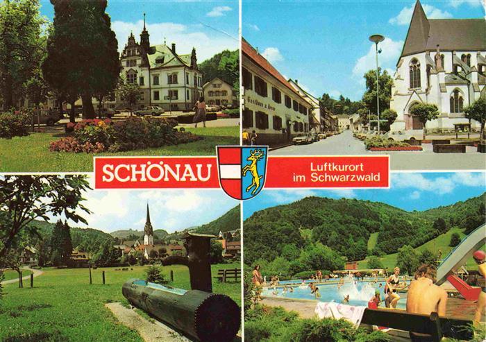 Schoenau Schwarzwald Luftkurort Wiesental Schwarzwald Rathaus Kirche Schwimmbad