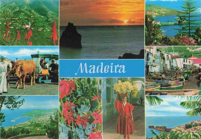 Ilha da Madeira Kueste Sonnenuntergang Fischerboote Blumen Trachtenfrau Ochsensc