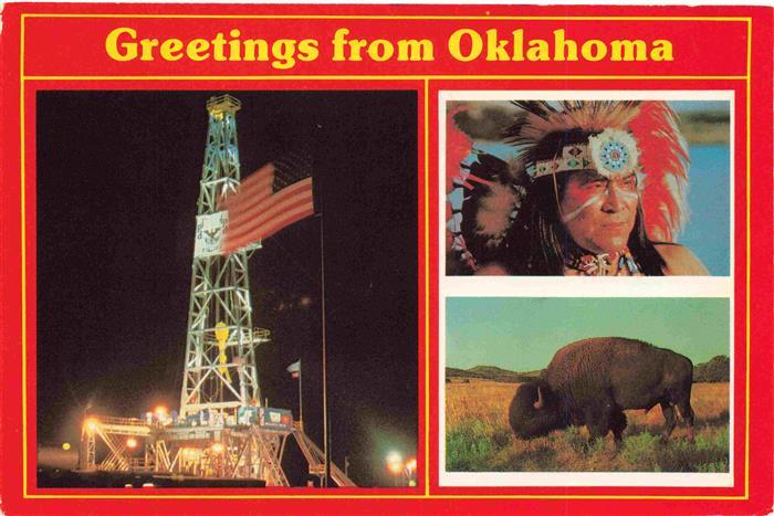 Oklahoma US-State oelbohrturm Indianer Bison Praerie Flagge Nacht Federschmuck