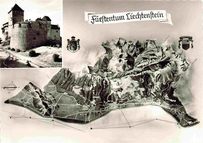 LIECHTENSTEIN FueRSTENTUM Reliefkarte Fuerstentum Vaduz-Schloss Wappen Bergland