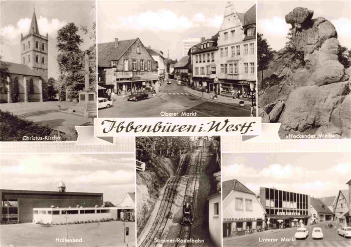 Ibbenbueren NRW Christus-Kirche Oberer-Markt Hockendes-Weib Hallenbad Sommer-Rod