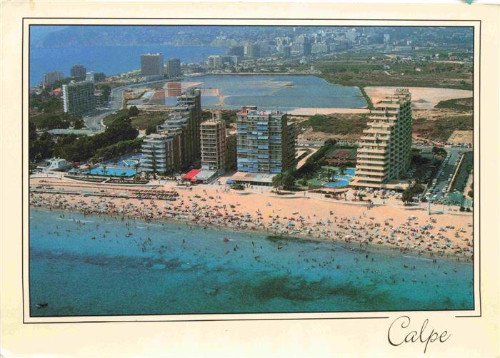 Calpe Calp Alicante ES Playa-la-Fosa Strand Hotels Luftbild Meer Badegaeste Hoch