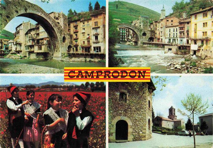 Camprodon Bruecke Fluss Altstadt Katalonische-Tracht Mohnblumen Kirche Romanik