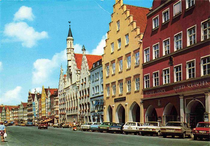 LANDSHUT Isar Altstadt Rathaus Hauptstrasse Giebelhaeuser Sparkasse Autos Markt