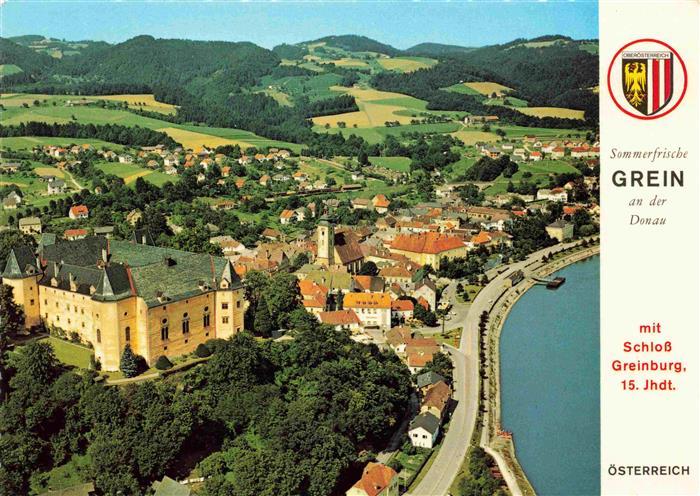 Grein Donau Oberoesterreich AT Panorama Schloss Greinburg 15. Jhdt.