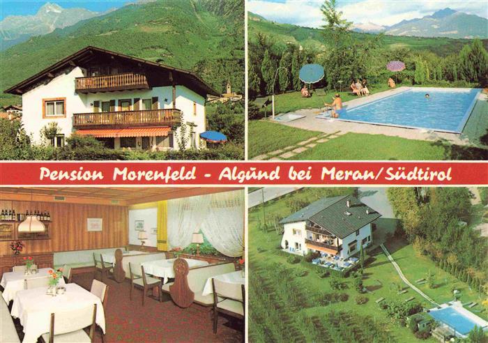 Algund Merano Suedtirol IT Pension Morenfeld Gastraum Swimming Pool Luftaufnahme