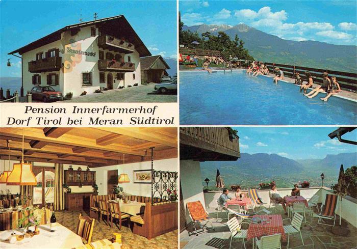 Dorf-Tirol Suedtirol IT Pension Innerfarmerhof Restaurant Terrasse Swimming Pool